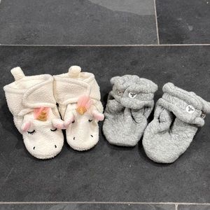 (2) Pairs Baby Girls Booties - Grey Burt’s Bees & Hudson Baby Unicorn 0-6 Months